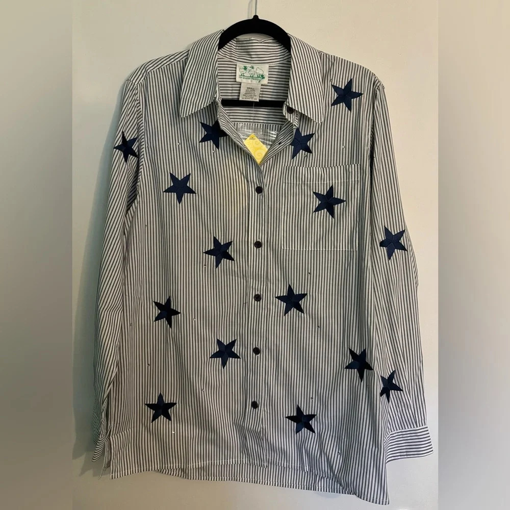 NWT the Quacker Factory Navy White Pinstripe Navy Embroidered Stars Sz Small‎